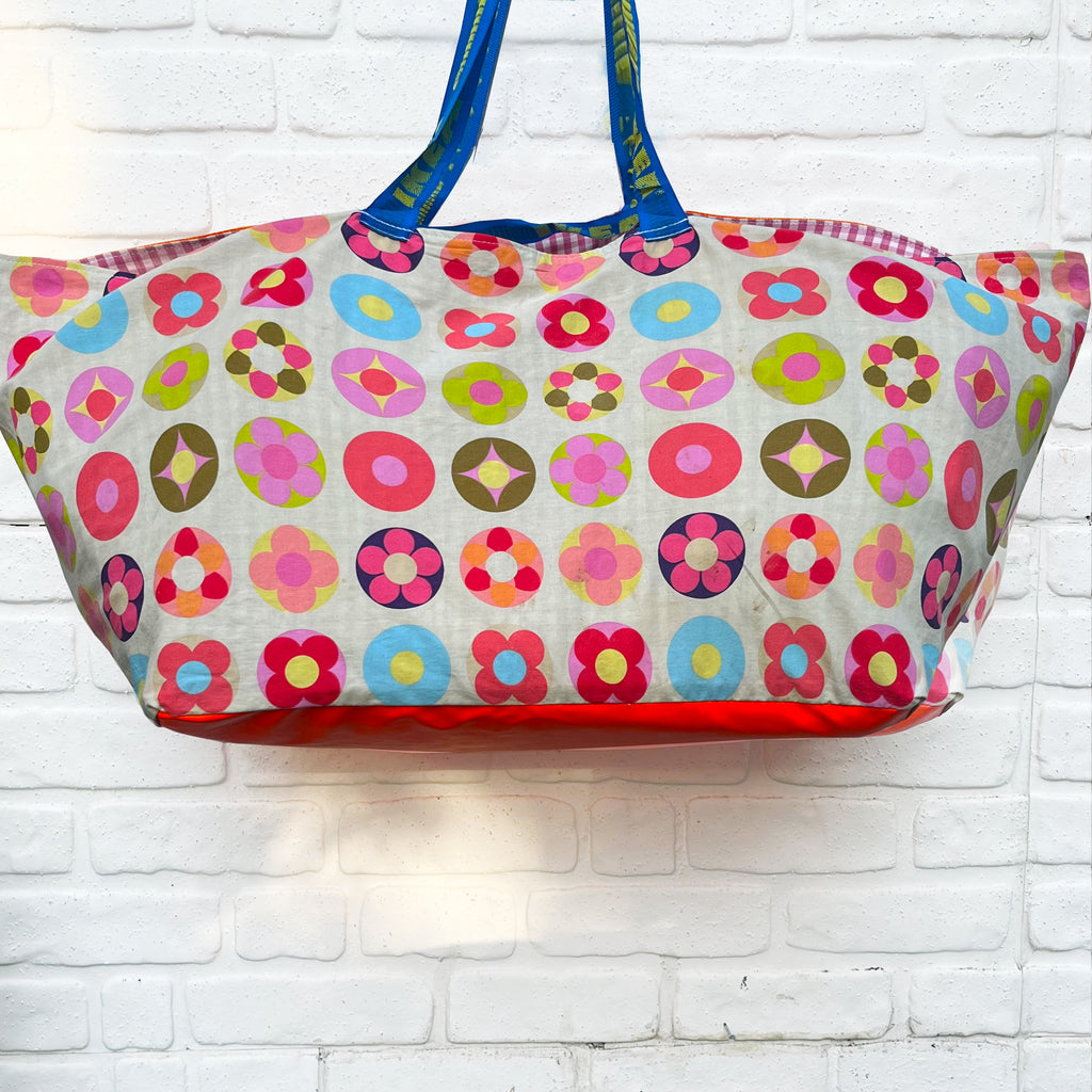 Vintage IKEA bag pink flowers with orange jute and pink checked