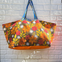 Vintage IKEA BAG - orange flowers and blue stitched circles with gold canvas lining