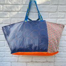 Vintage IKEA BAG - orange flowers and blue stitched circles with gold canvas lining