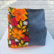 Vintage IKEA BAG - orange flowers and blue stitched circles with gold canvas lining