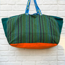 Vintage IKEA bag - green stripes and green silk with sea blue lining