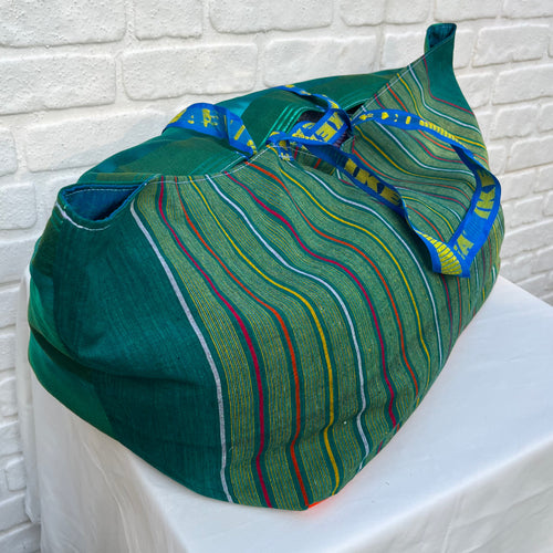 Vintage IKEA bag - green stripes and green silk with sea blue lining