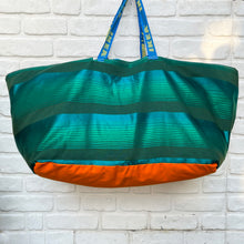 Vintage IKEA bag - green stripes and green silk with sea blue lining