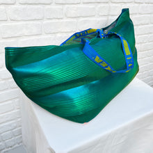 Vintage IKEA bag - green stripes and green silk with sea blue lining