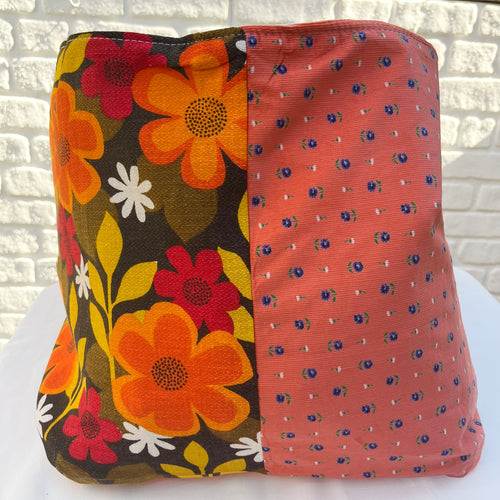 Vintage IKEA bag - Orange flowers and pink corduroy with olive green lining