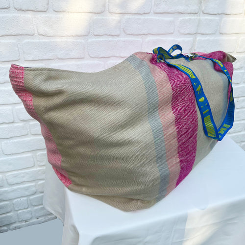 Vintage IKEA bag - cream, grey and pink stripes with silk patchwork lining