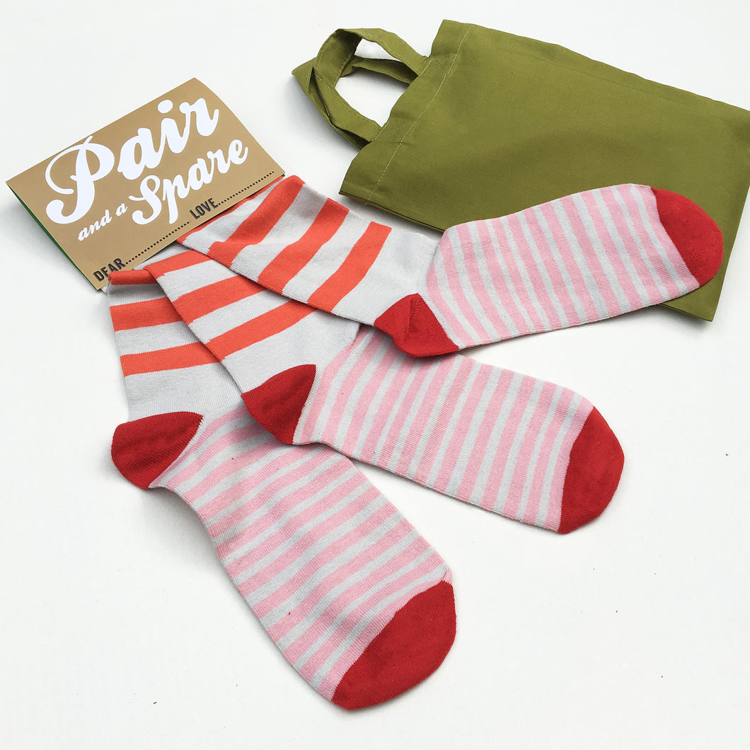 'Pair and a Spare' set of three socks (orange and pink stripes)