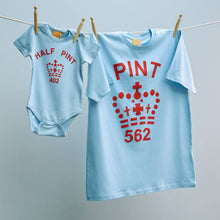 Father and child Pint and Half Pint tops in blue and red