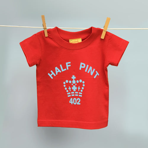 Child's organic Half Pint t shirt in red and pale blue